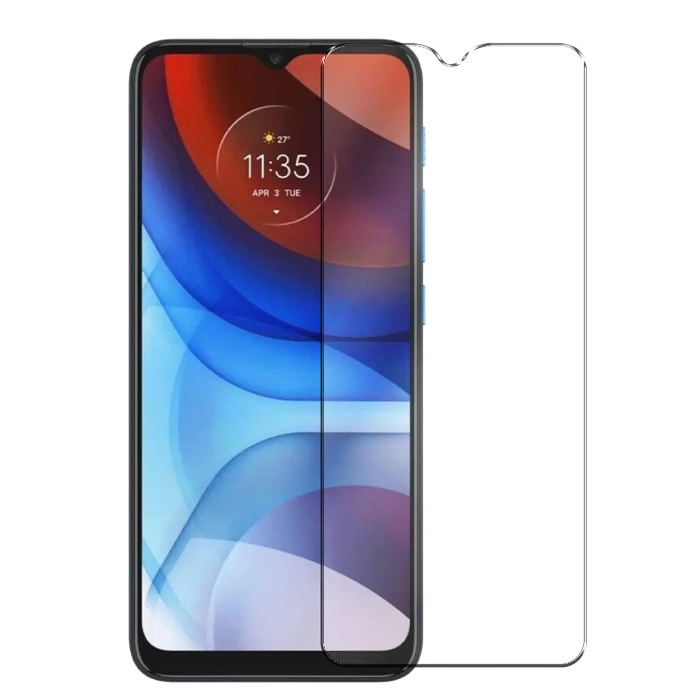 Motorola Moto E7 Handy mit teilweisem Displayschutz aus klarem Panzerglas, frontal auf weißem Hintergrund.