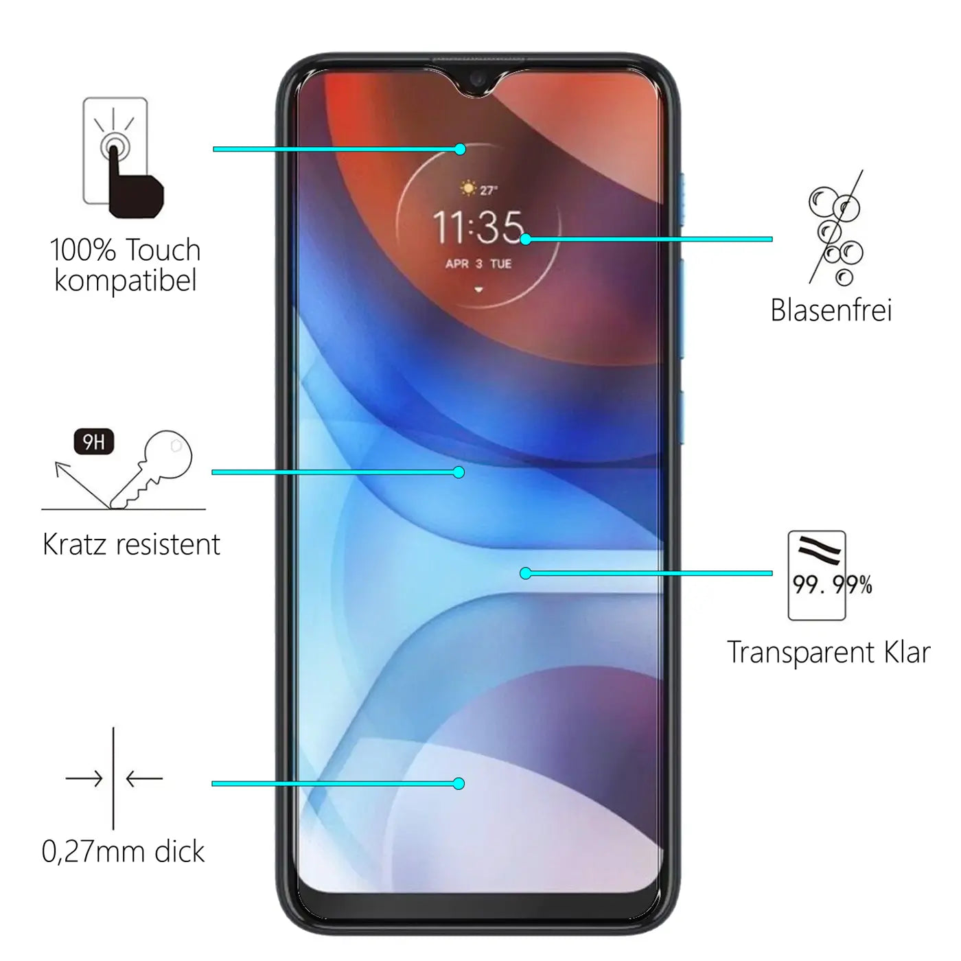 Motorola Moto E7 mit Panzerglas Displayschutz (transparent, Glas) von vorne, umgeben von Eigenschafts-Icons.