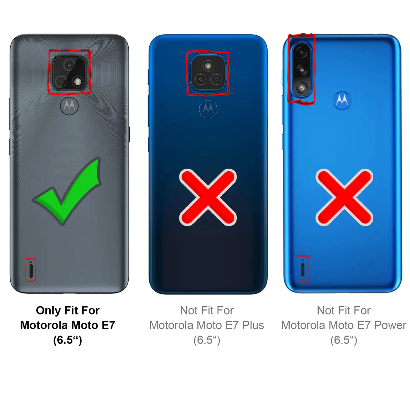 Rückseite von 3 Motorola Smartphones (E7, E7 Plus, E7 Power) in Grau und Blau, Vergleich von Kamera und Lautsprecher.