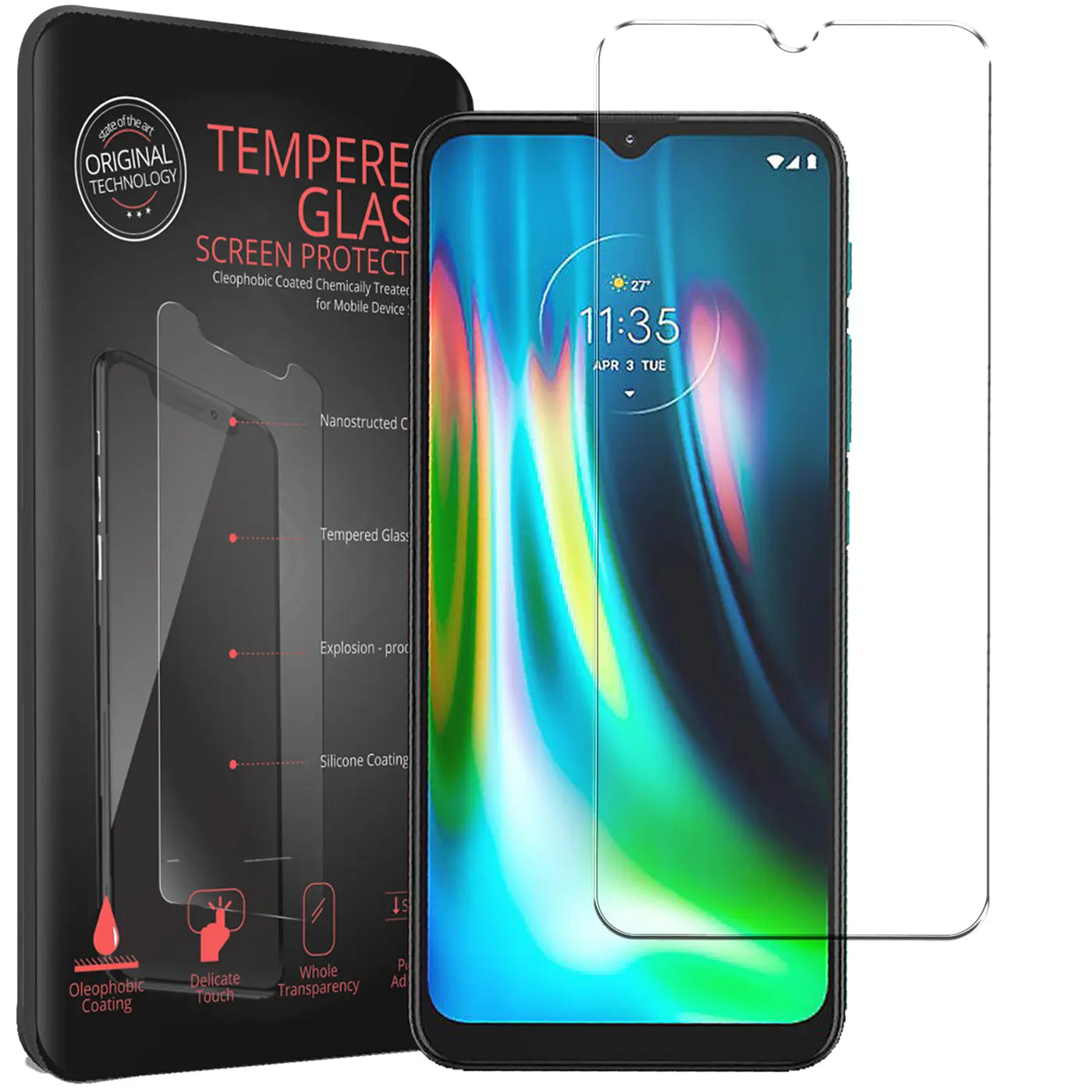 Schwarze Verpackung mit "Tempered Glass Screen Protect", daneben ein Motorola Moto E7 Plus und ein Panzerglas-Displayschutz.