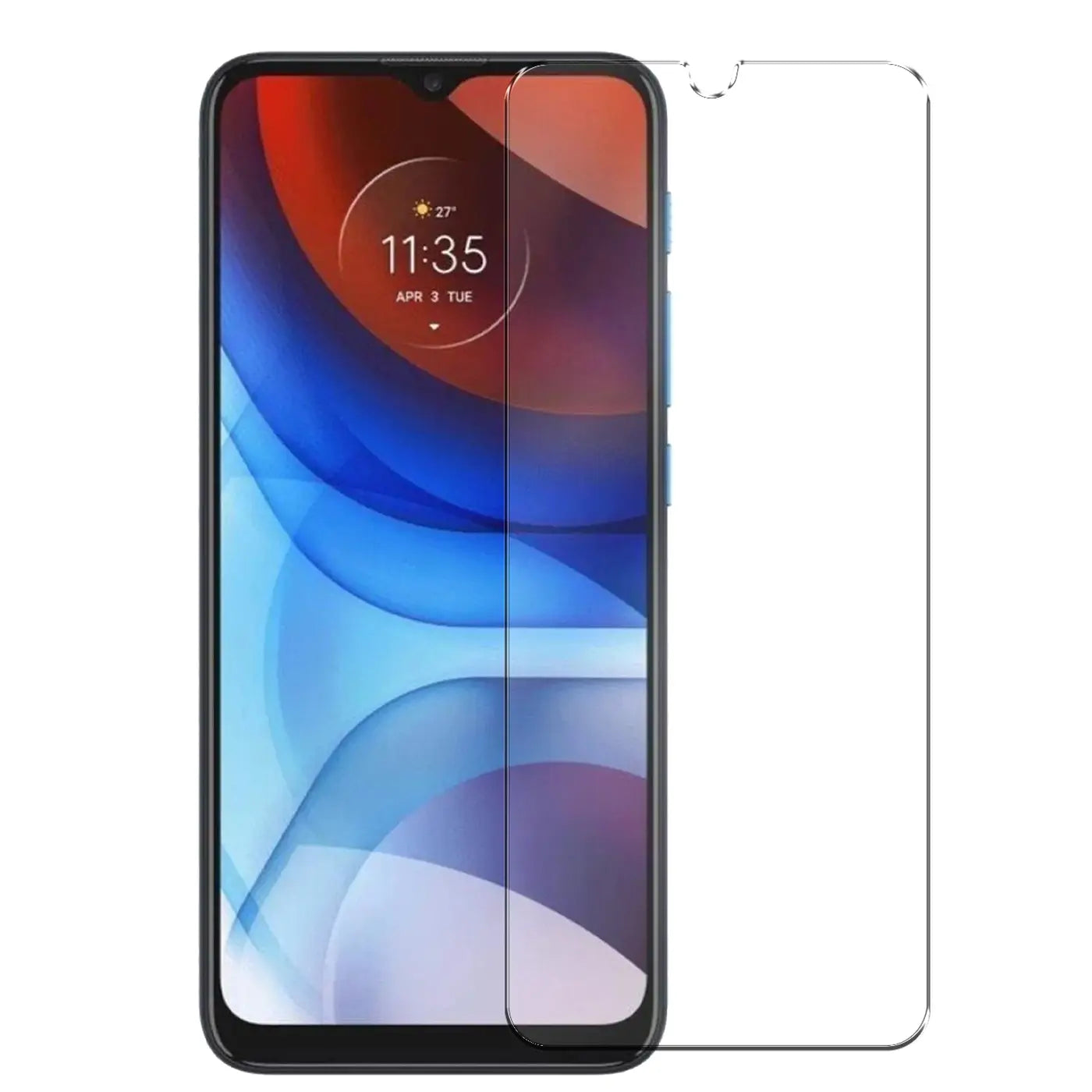 Motorola Moto E7 Power mit aufgesetztem, transparentem Panzerglas-Displayschutz von vorne, leicht schräg von rechts.