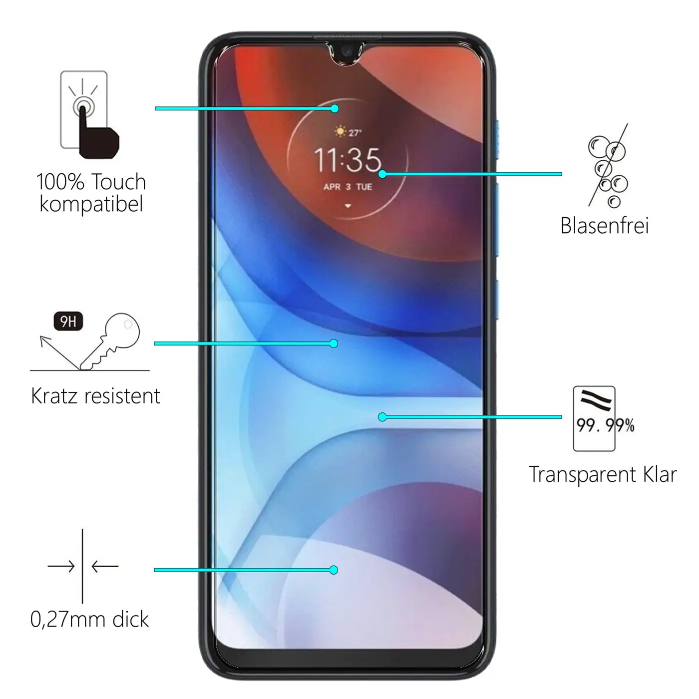 Schwarzes Motorola Moto E7 Power Smartphone frontal mit Panzerglas Displayschutz und blauen Beschreibungs-Icons.