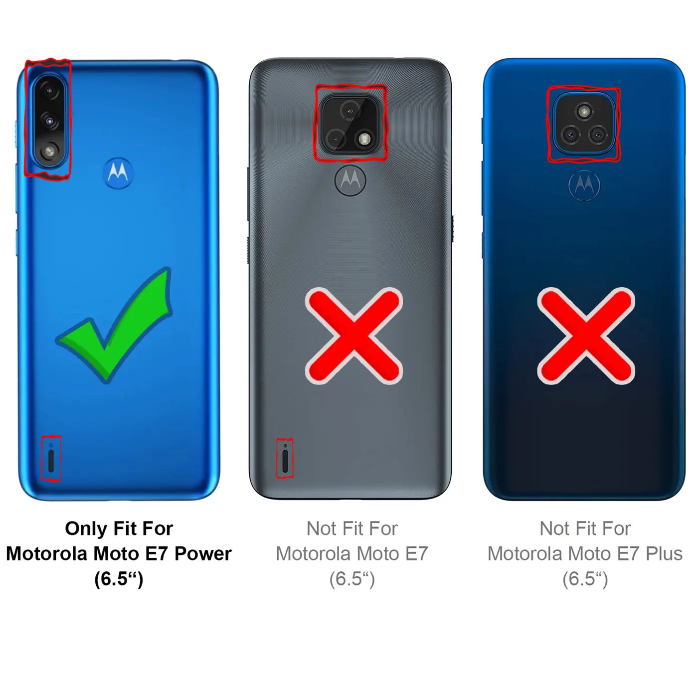 Drei Smartphone-Rückseiten (Motorola Moto E7 Power, E7, E7 Plus) in Blau und Grau, von hinten, zeigen Kamera-Layouts.