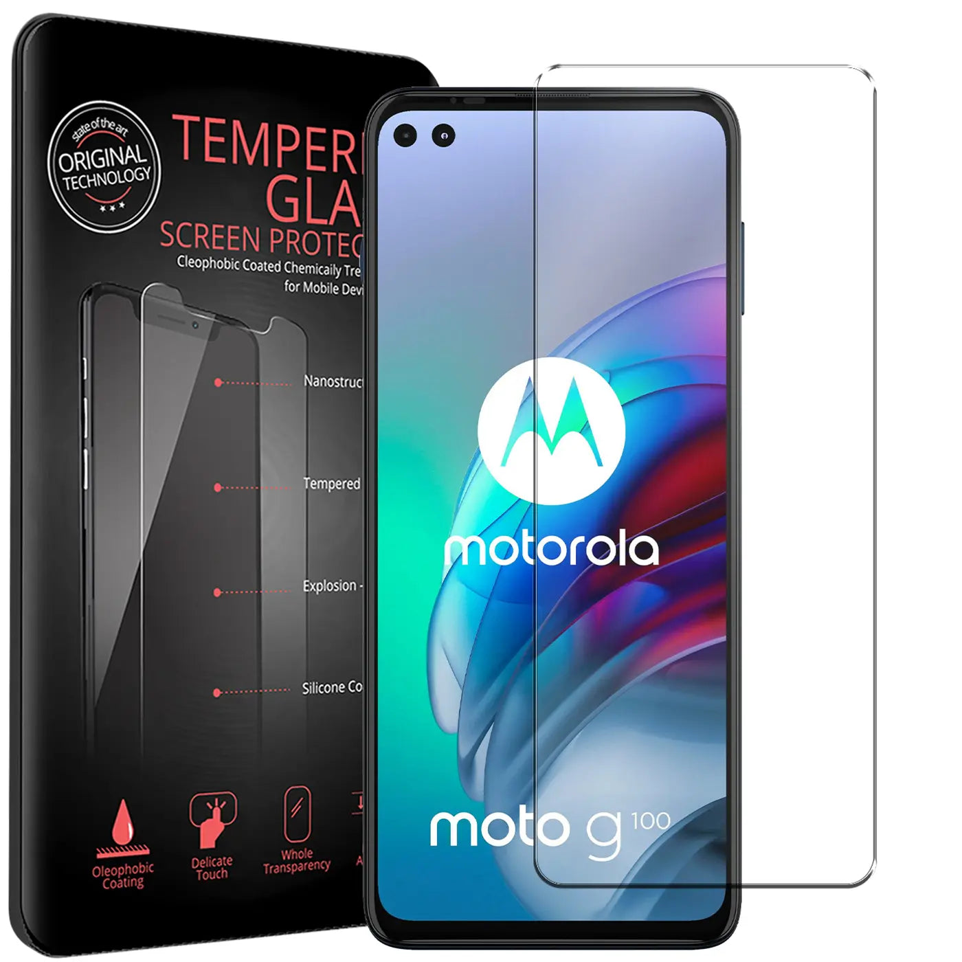 Schwarze Verpackung für Panzerglas, ein Motorola Moto G100 Handy mit angebrachtem Glas und ein weiteres Panzerglas.