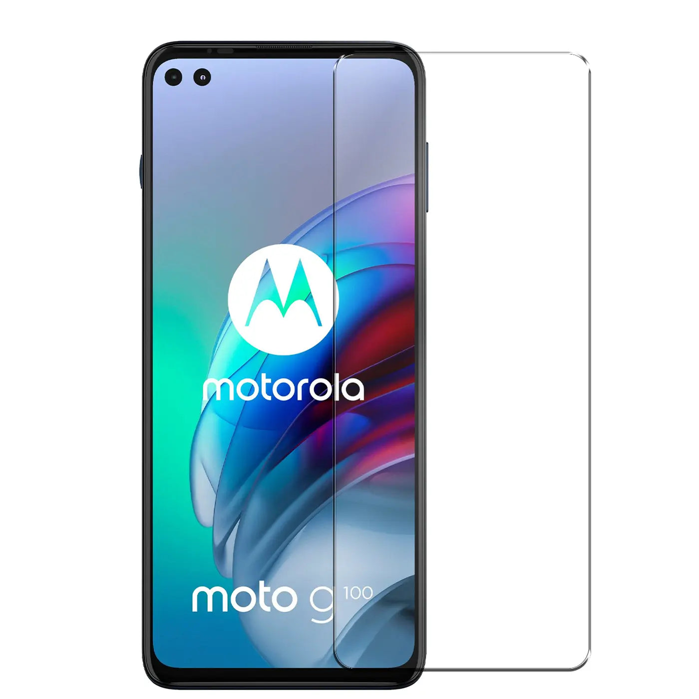 Motorola Moto G100 Smartphone mit schwarzem Rahmen und transparentem Panzerglas-Displayschutz, schräg von vorne.