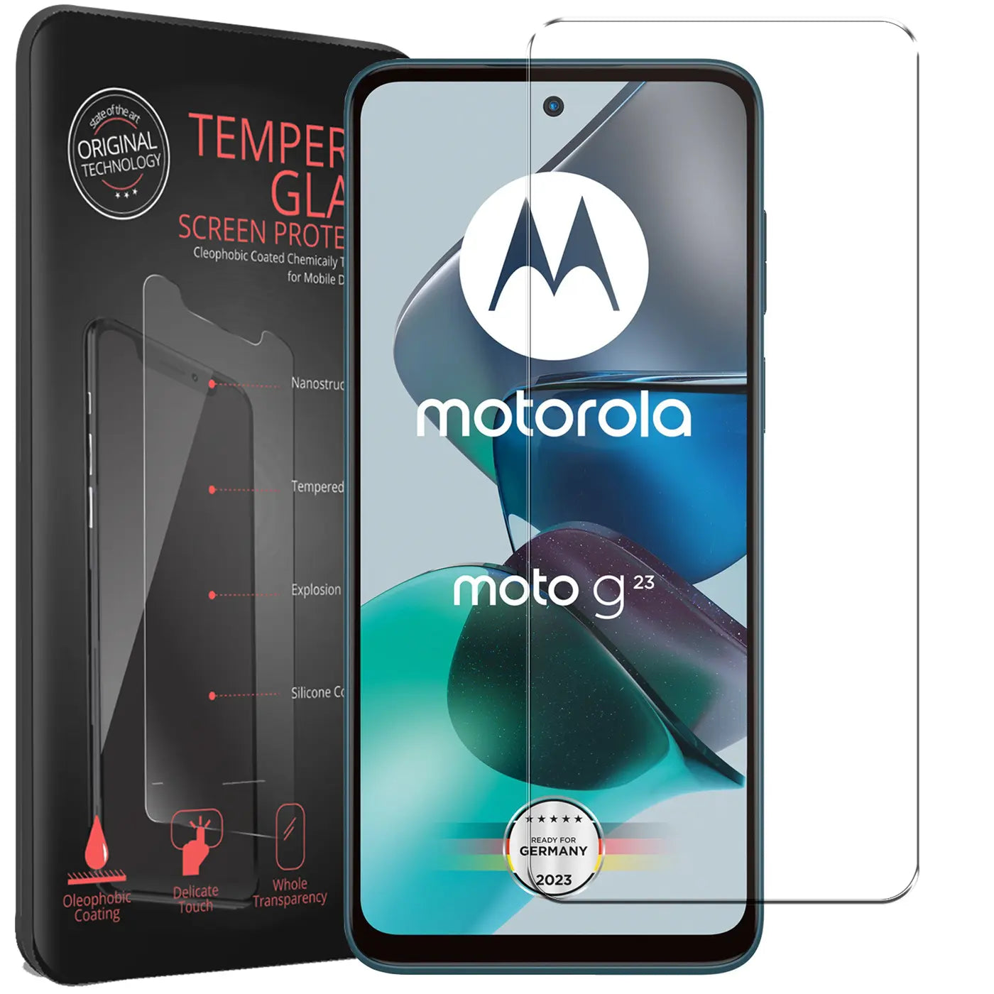 Schwarze Verpackung mit Panzerglas-Details, daneben ein Motorola Moto G23 und eine klare Panzerglasfolie.