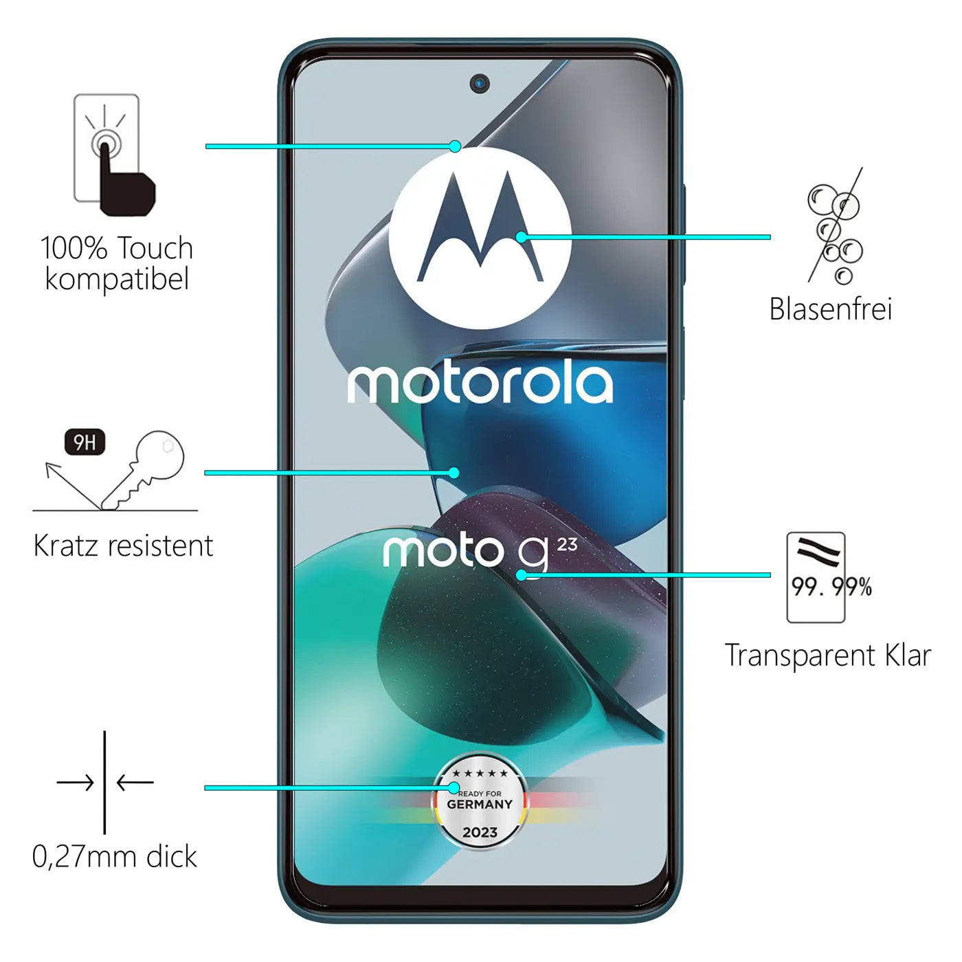 Frontansicht eines schwarzen Motorola Moto G23 Smartphones mit Panzerglas-Displayschutz und Produktmerkmalen.