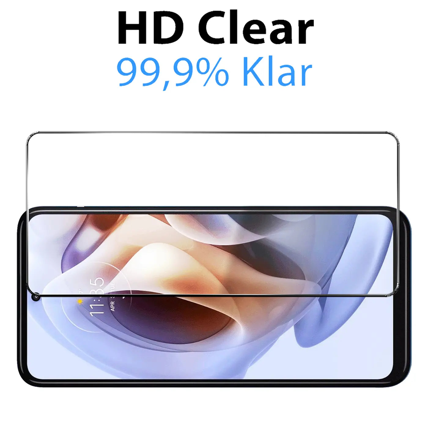 Klares Panzerglas für Motorola Moto G13/G23, über einem Smartphone-Display schwebend, Vorderansicht.