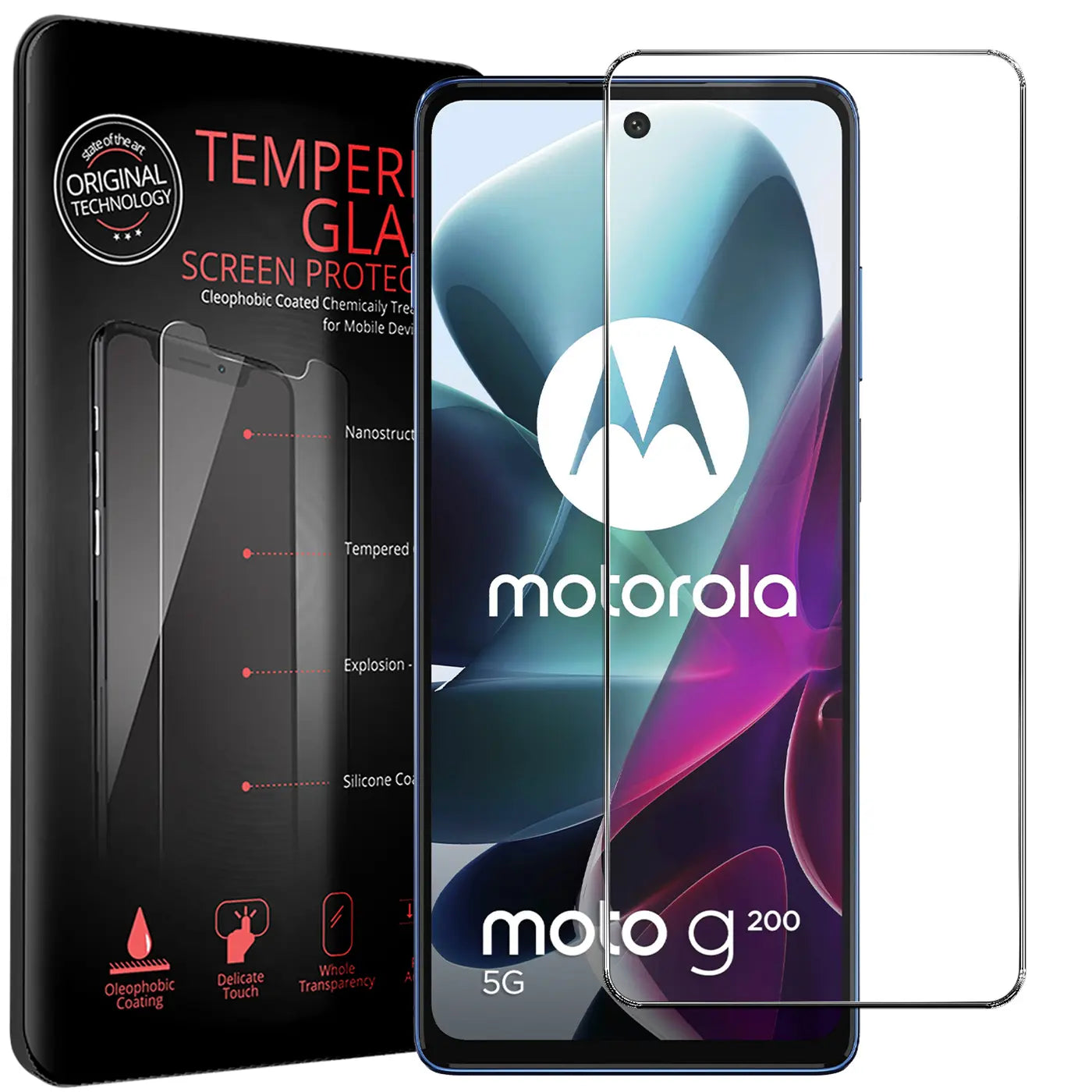 Zwei transparente Panzerglas-Displayschutzfolien für Motorola Moto G200 5G, eine auf dem Handy, eine daneben.
