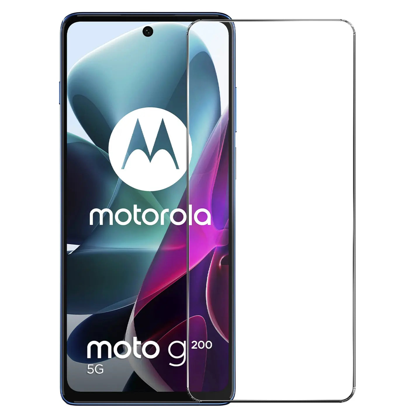 Motorola Moto G200 5G mit aufgelegtem, transparentem Panzerglas-Displayschutz von vorne, leicht schräg.