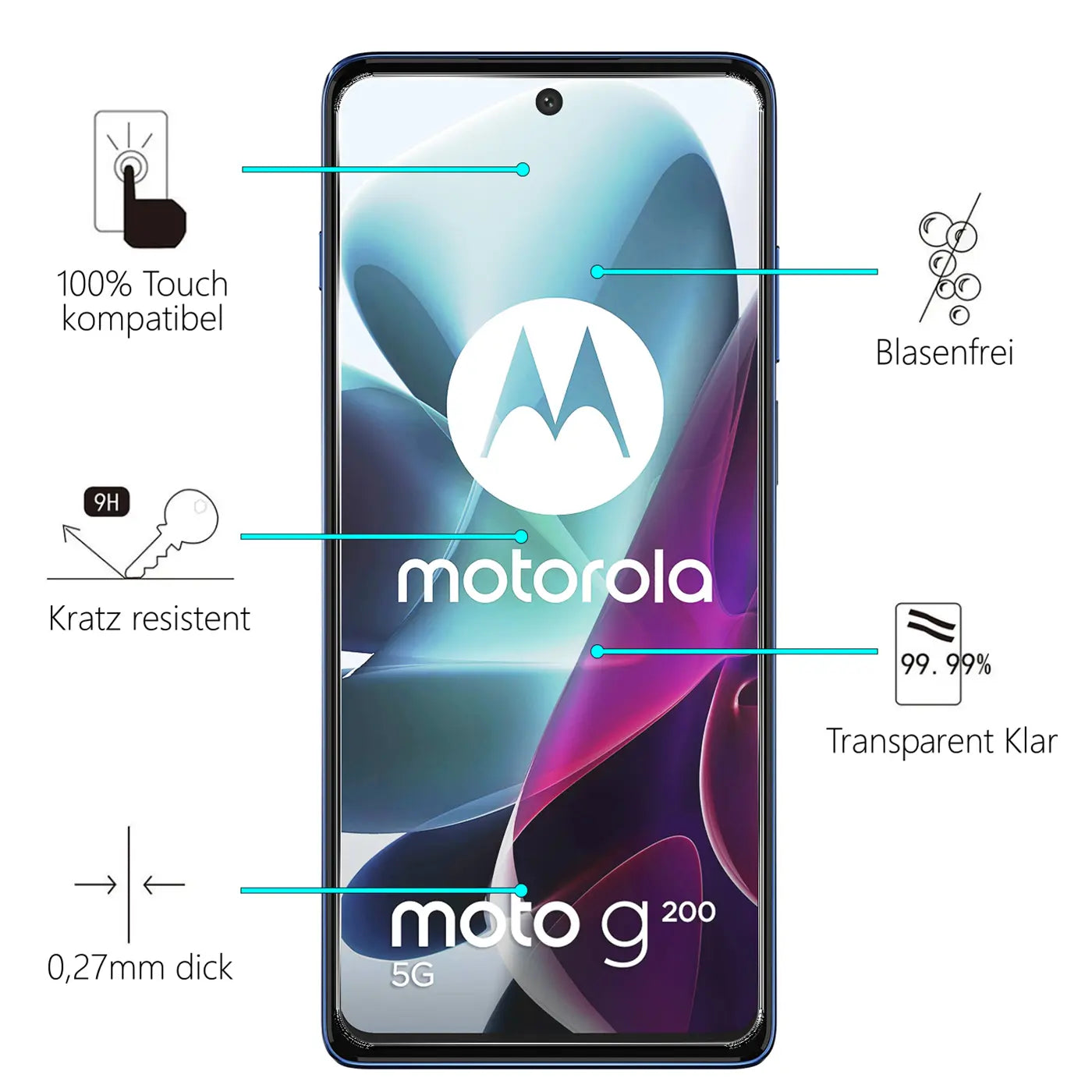 Motorola Moto G200 5G Smartphone, frontal, mit Display-Schutzfolie und Piktogrammen zu Eigenschaften wie 9H Härte.