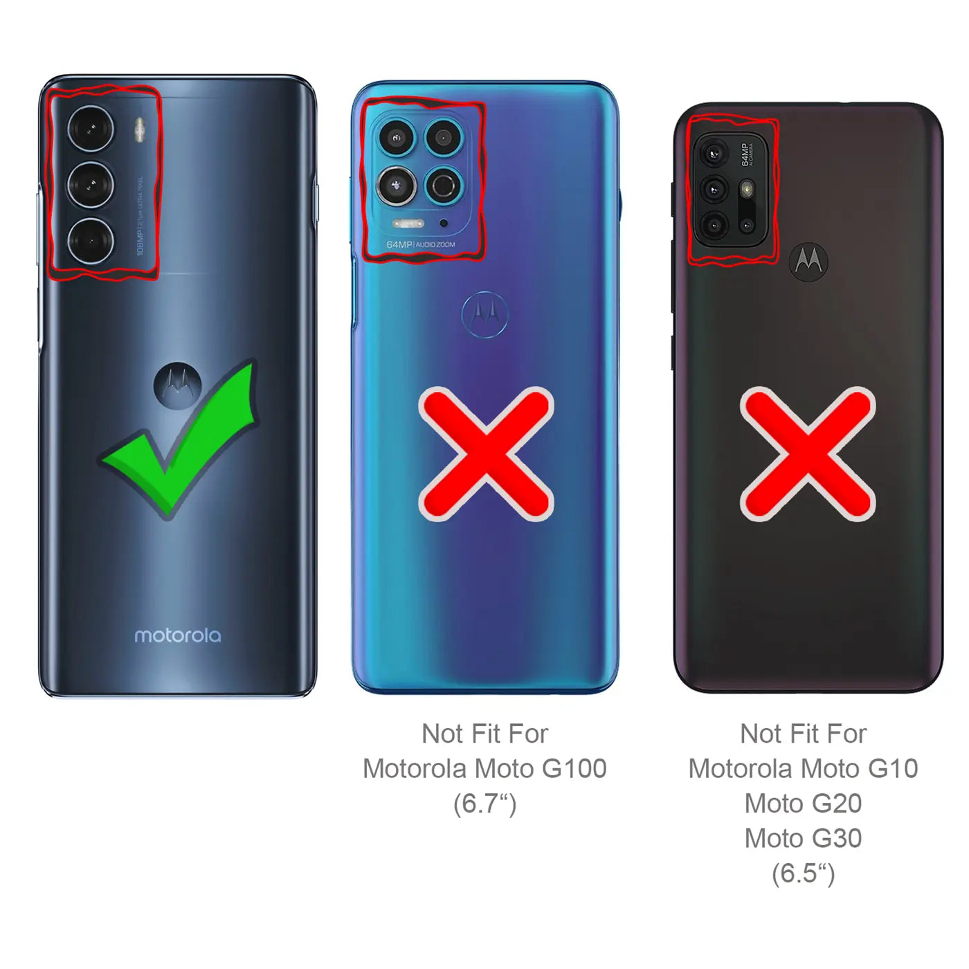 Rückseite von 3 Motorola Smartphones: Moto G200 5G (links, dunkelblau, Haken), Moto G100 (Mitte, blau, X), Moto G10/G20/G30.
