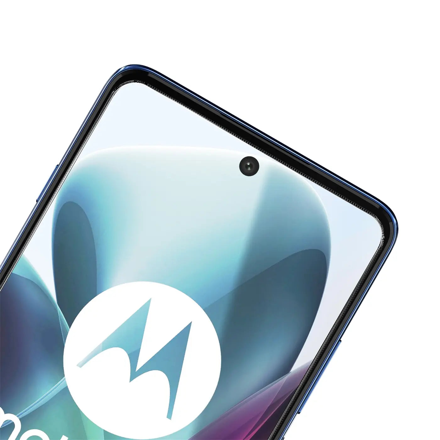 Nahaufnahme des oberen Teils eines blauen Motorola Moto G200 5G Smartphones mit Display und Motorola-Logo.