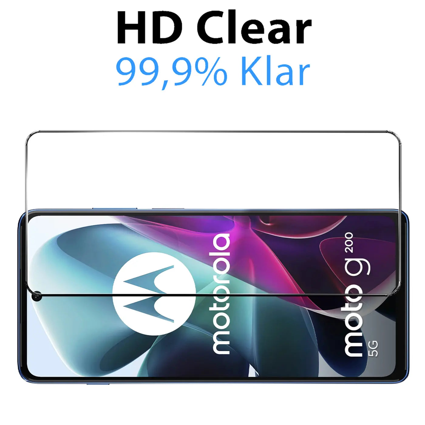 Klares Panzerglas Displayschutz für Motorola Moto G200 5G, von vorne auf blauem Smartphone liegend.