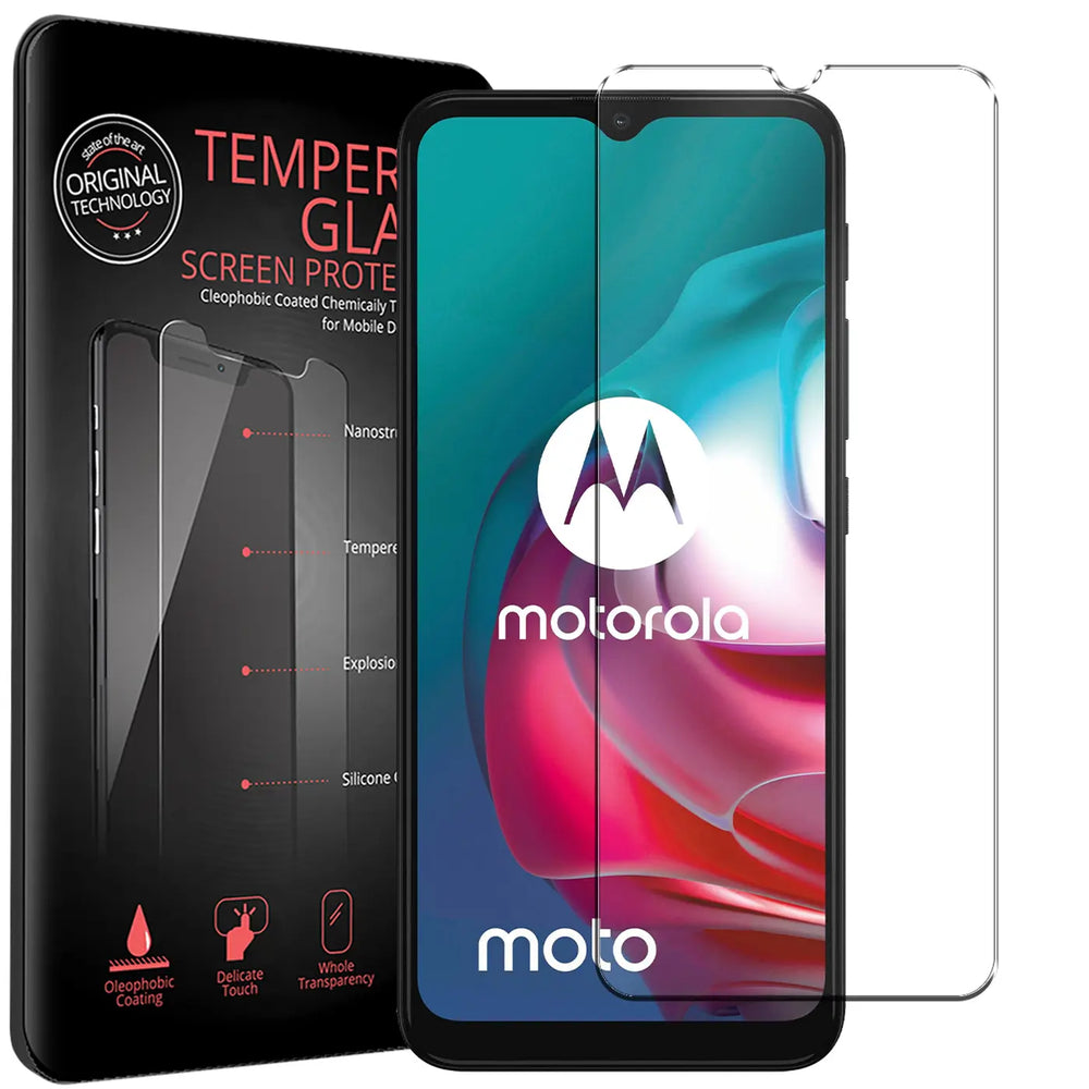 Schwarzes Motorola Moto G30/G20/G10 Smartphone mit installiertem Panzerglas, daneben ein zweites Panzerglas und die schwarze.