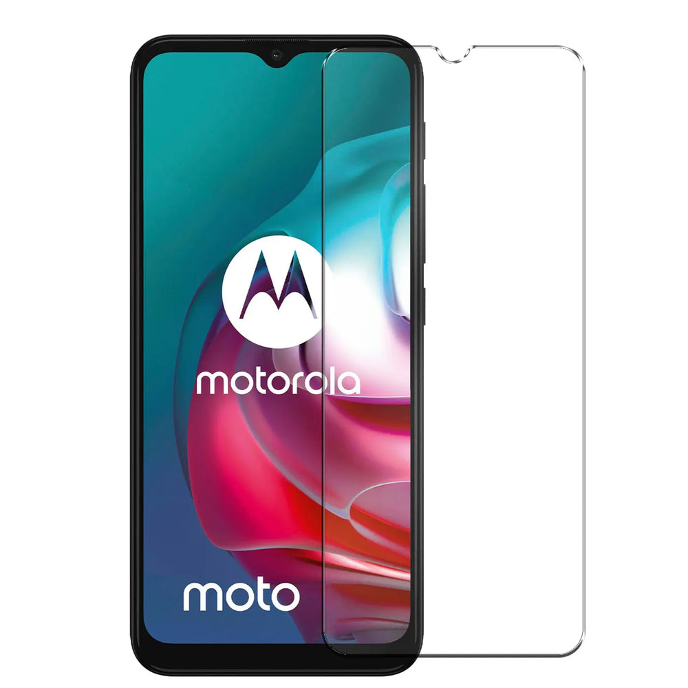 Schwarzes Motorola Moto G30/G20/G10 Handy mit teilweise aufgelegtem, transparentem Panzerglas Displayschutz, frontal.