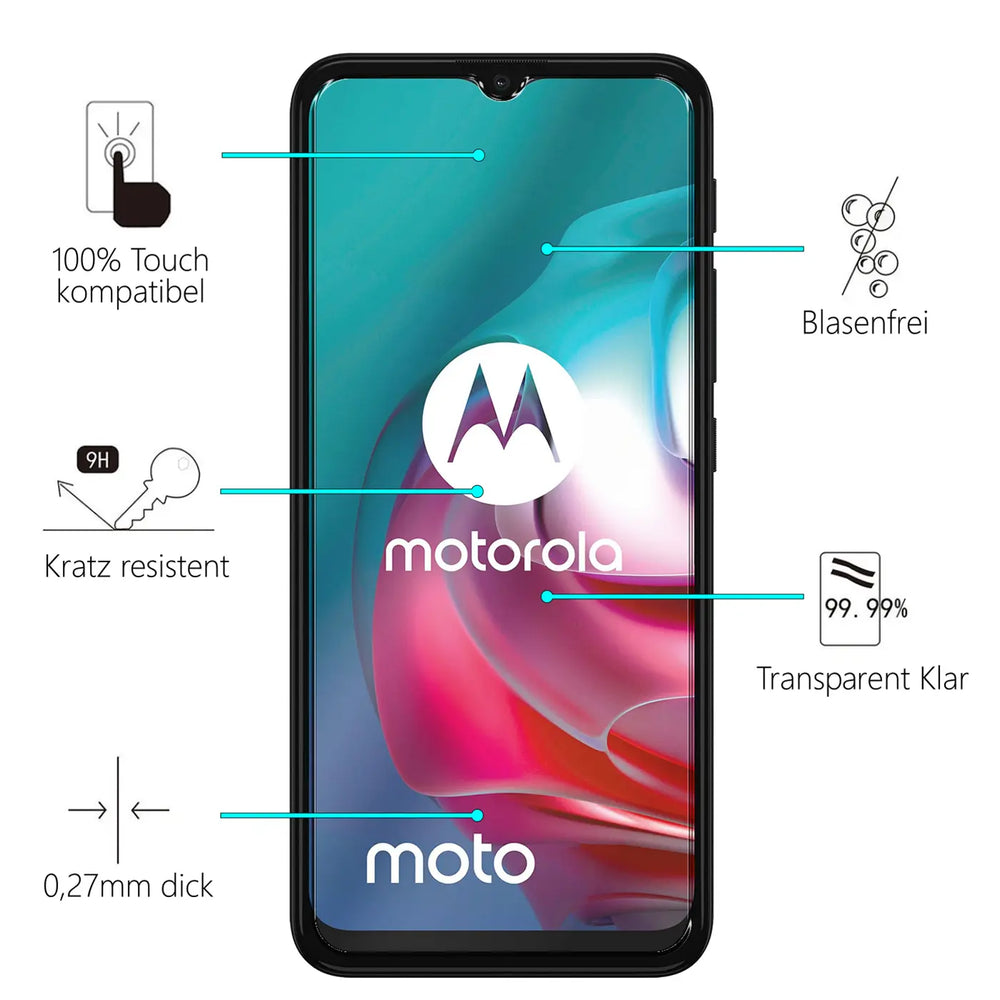 Schwarzes Motorola Moto G30/G20/G10 Smartphone mit Panzerglas-Displayschutz, von vorne, mit Feature-Pfeilen.