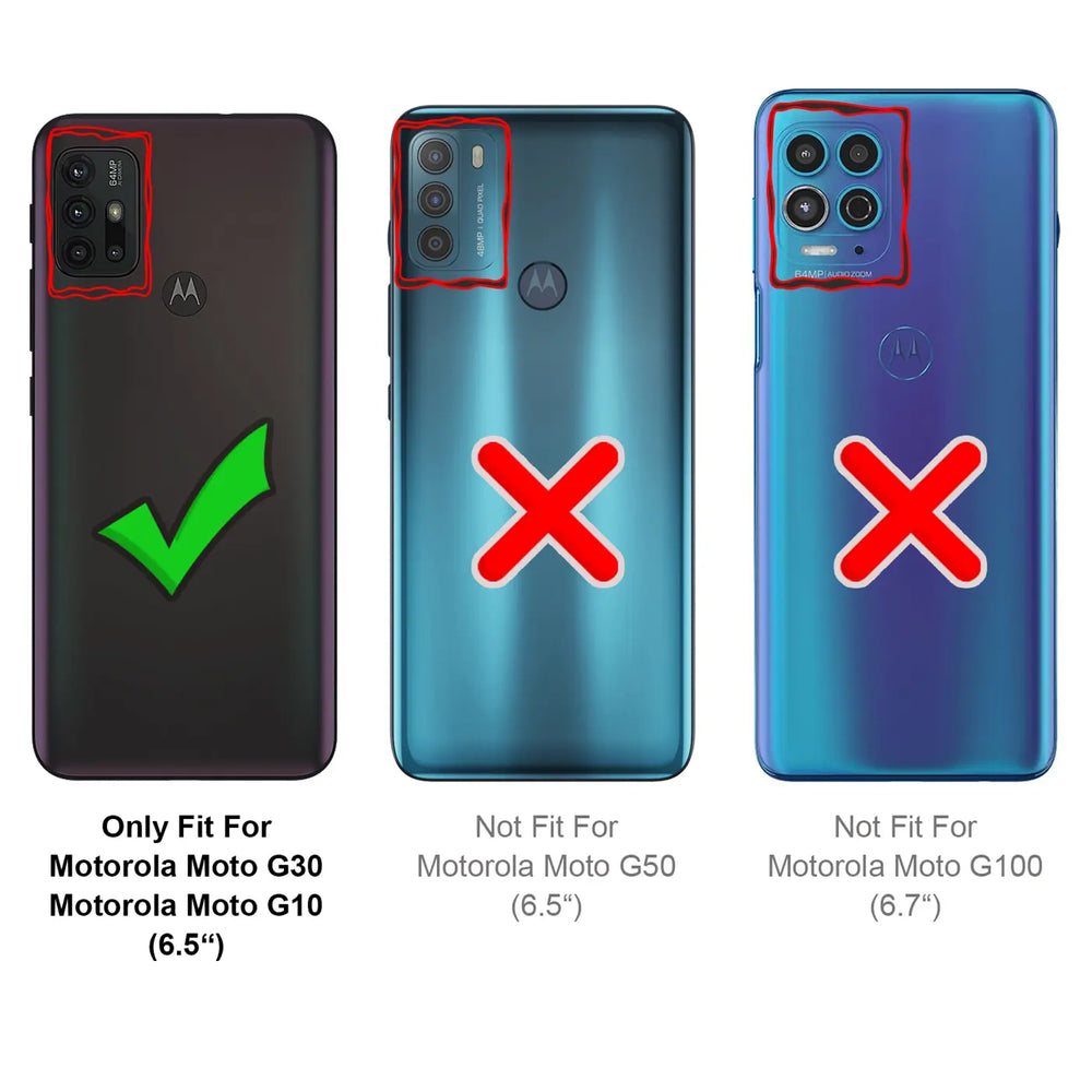 Rückseiten von drei Motorola Smartphones. Links ein dunkles Moto G30/G10 mit grünem Haken, rechts zwei unpassende Modelle.