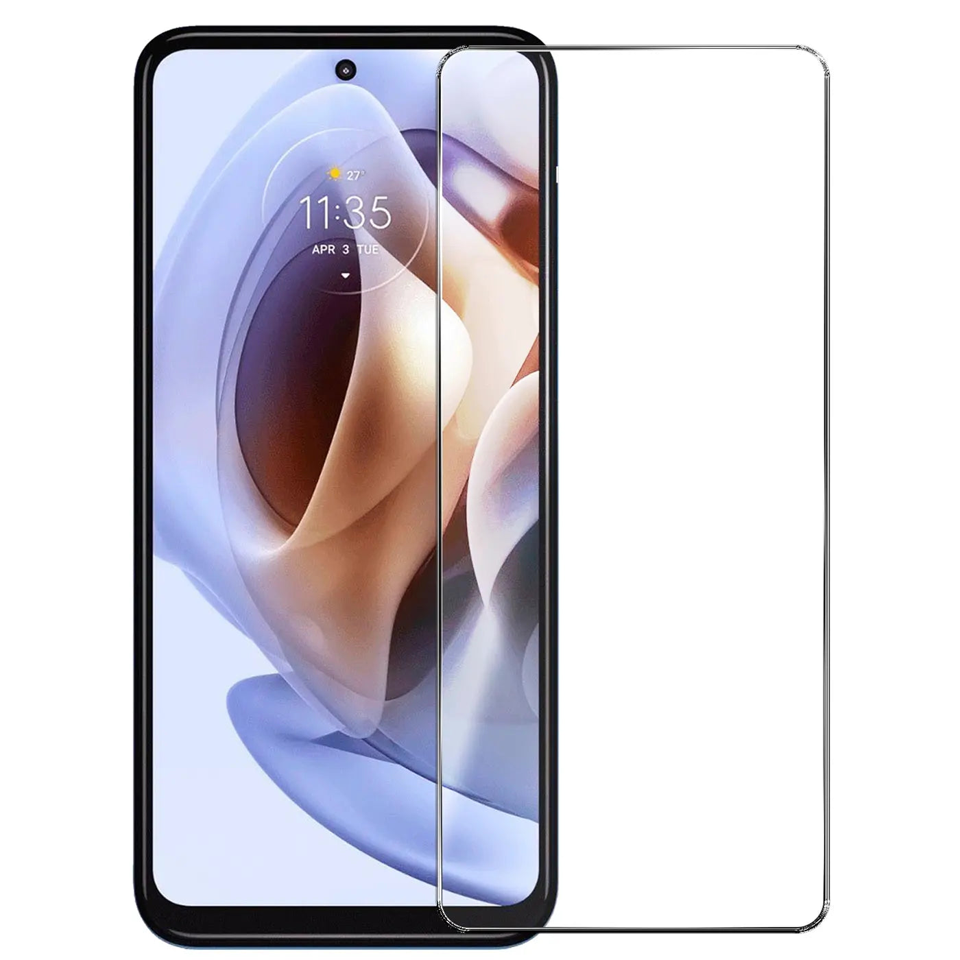 Schwarzes Motorola Moto G31/G41 Smartphone mit Display an und ein transparentes Panzerglas daneben, Vorderansicht.