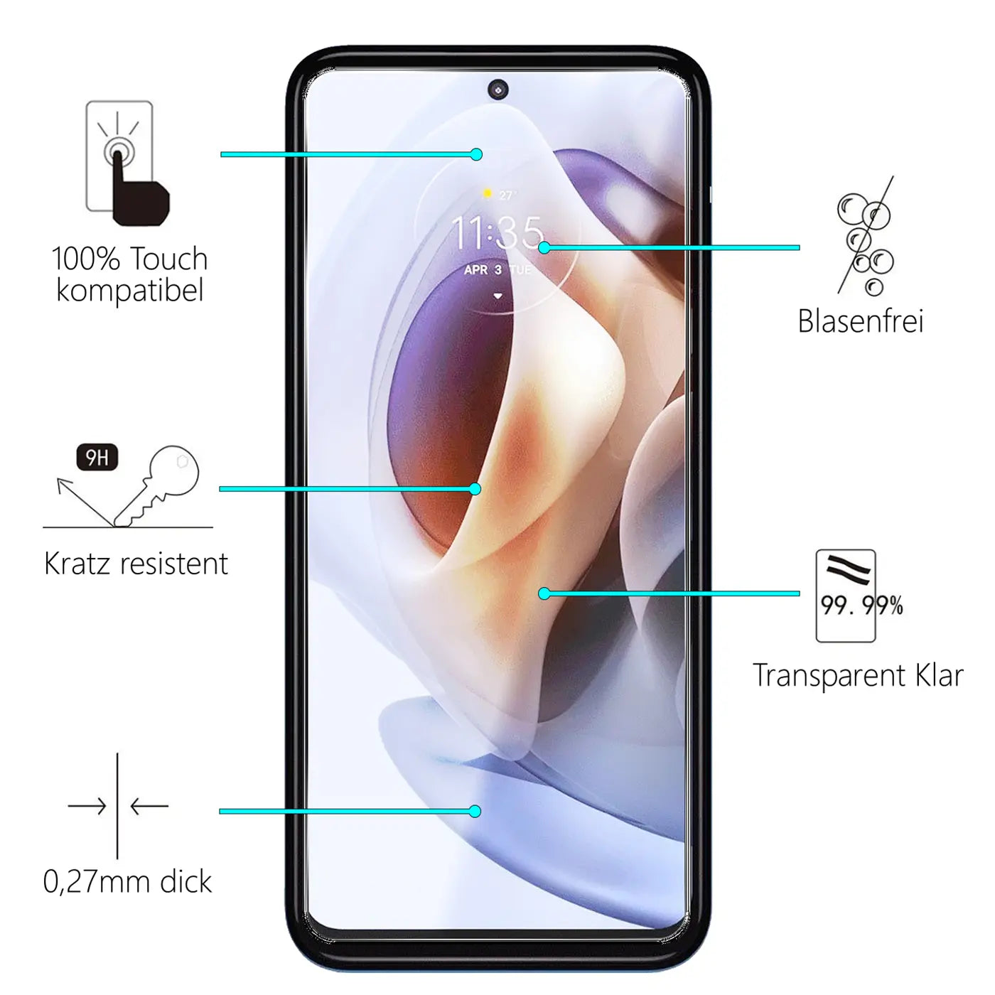 Schwarzes Motorola Moto G31/G41 Smartphone mit transparentem Panzerglas-Displayschutz von vorne, umgeben von Produktinfos.