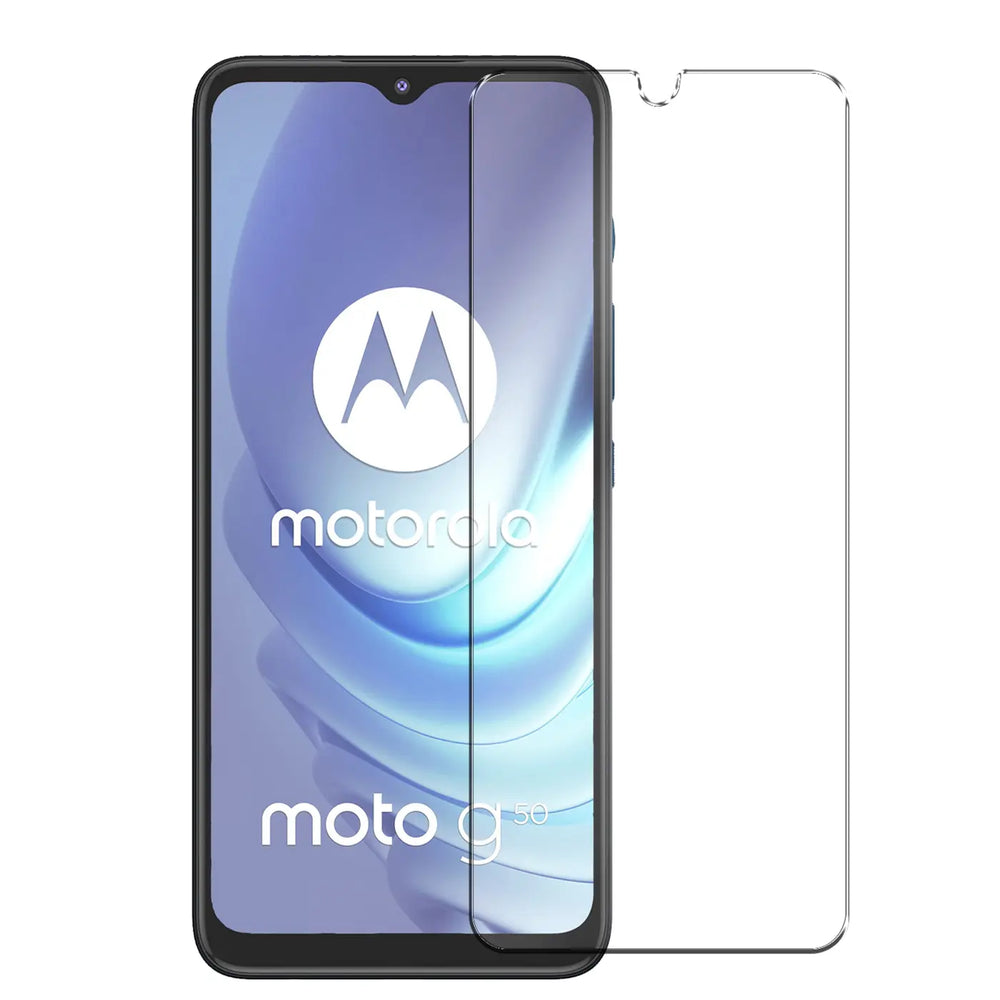Motorola Moto G50 Smartphone mit schwarzem Rahmen, frontal, daneben ein klarer Panzerglas Displayschutz.