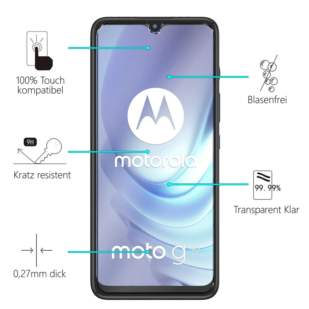 Schwarzes Motorola Moto G50 Smartphone, frontal, mit Panzerglas-Displayschutz und Produktmerkmalen (Touch, kratzfest.