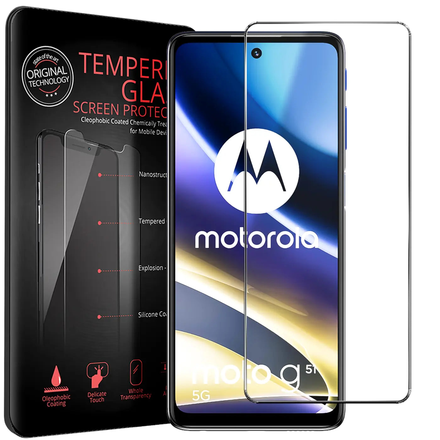 Schwarze Verpackung mit 2 transparenten Panzerglas-Displayschutzfolien für Motorola Moto G51 5G, schräg von vorne.