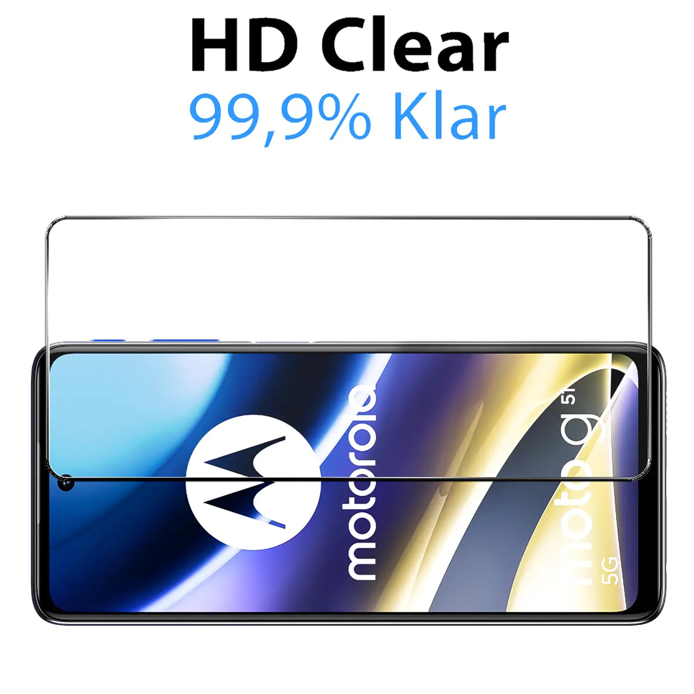 Klares Panzerglas für Motorola Moto G51 5G, von vorne auf dem Display liegend, mit Text "HD Clear 99,9% Klar".