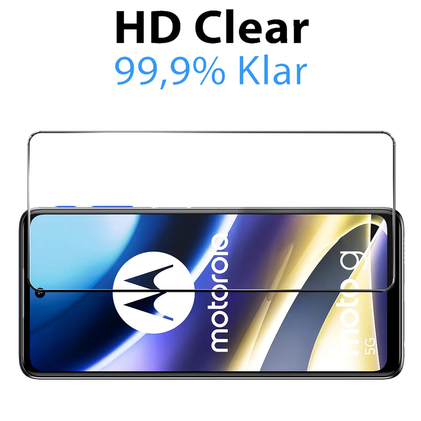 Klares Panzerglas Displayschutz für Motorola Moto G52 / G82 5G, von vorne auf Smartphone-Display gelegt.