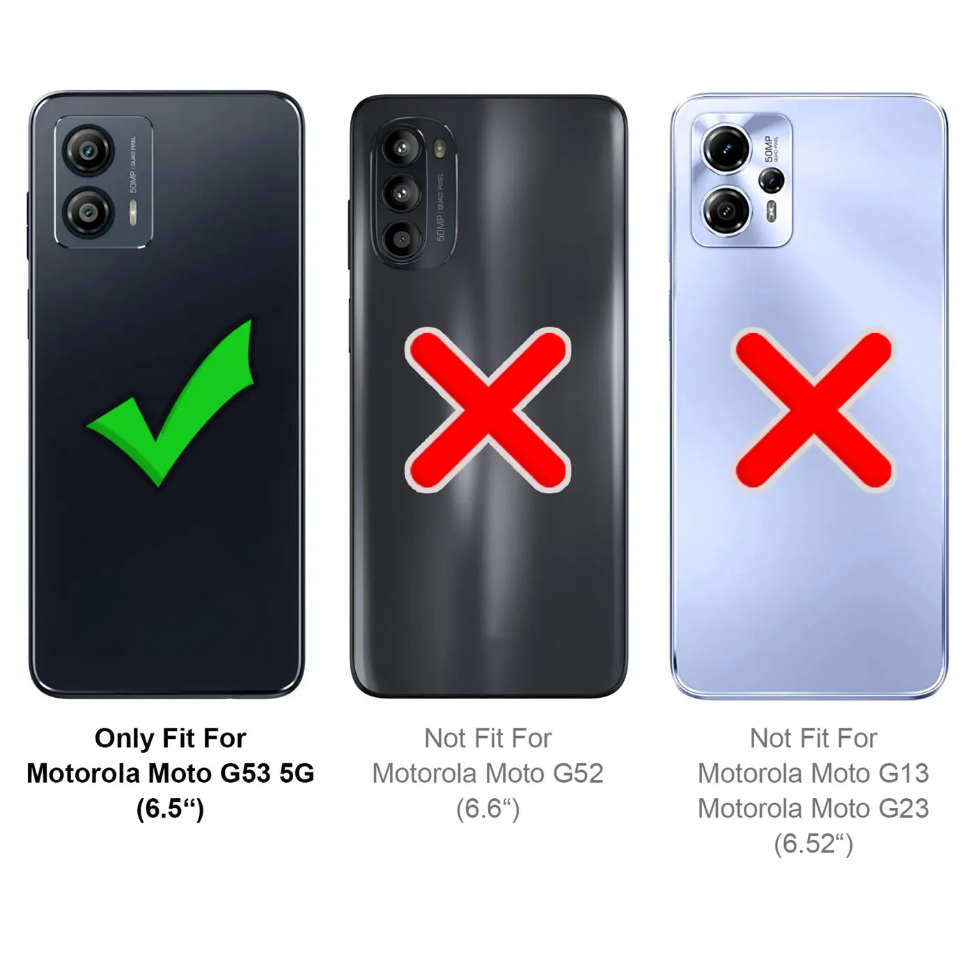 Drei Smartphone-Rückseiten: Links ein schwarzes Motorola Moto G53 5G mit grünem Haken. Mitte ein schwarzes Moto G52 mit.