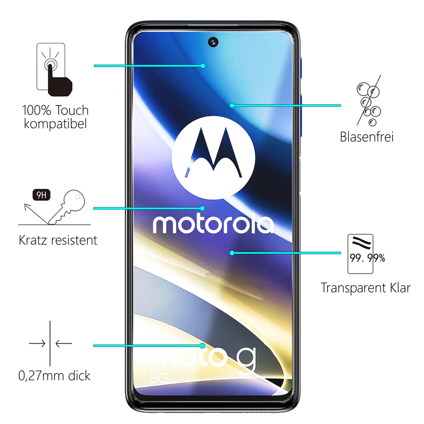Schwarzes Motorola Moto G53 5G Smartphone frontal, Display mit Motorola-Logo, umgeben von Icons und Texten zu.
