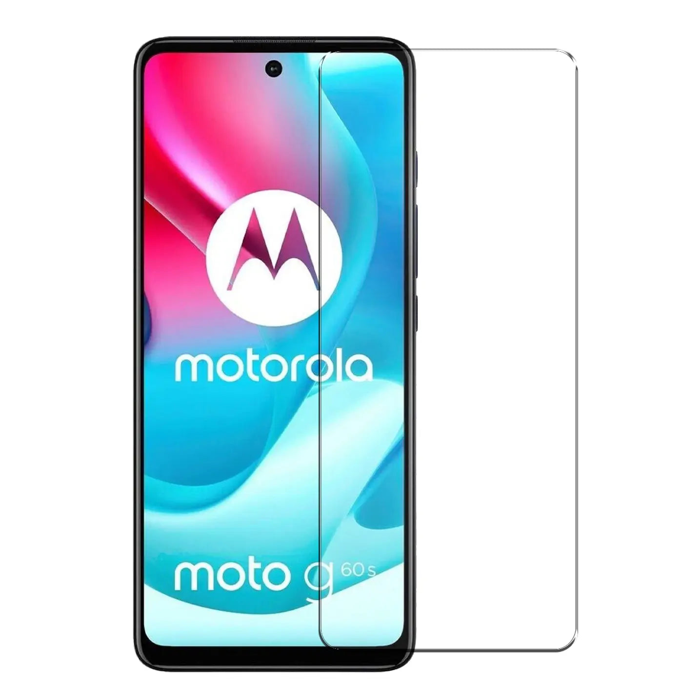 Motorola Moto G60s Smartphone mit transparentem Panzerglas-Displayschutz (Glas) von vorne, leicht schräg.