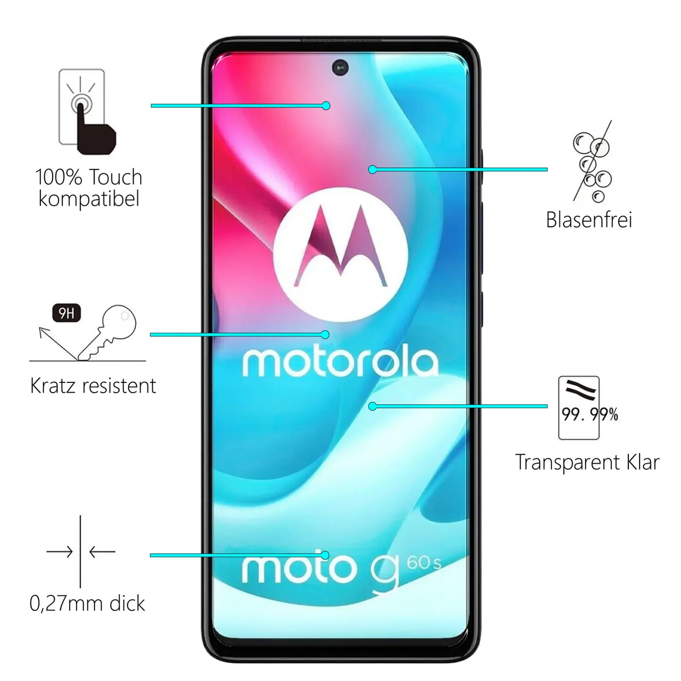 Schwarzes Motorola Moto G60s Smartphone frontal mit Display-Hintergrund in Pink/Blau. Produktmerkmale mit Icons um das Gerät.