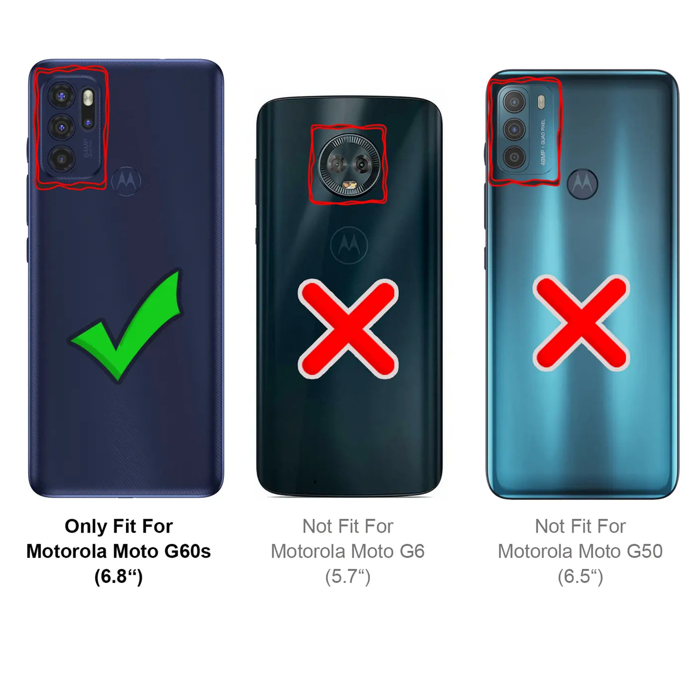 Rückseiten von 3 Motorola Smartphones: Moto G60s (dunkelblau, Haken), Moto G6 (schwarz, X), Moto G50 (türkis, X).