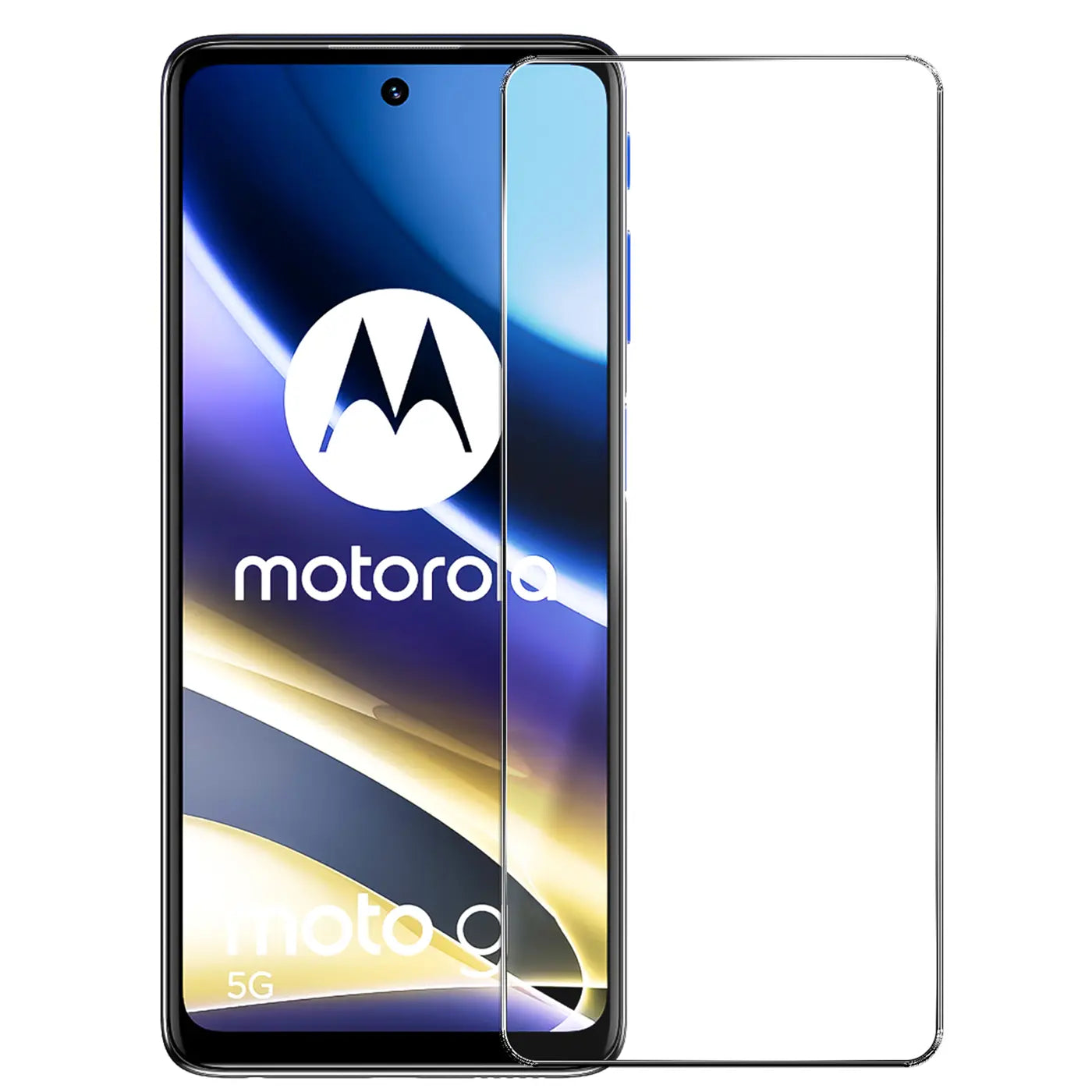 Motorola Moto G62 5G Smartphone mit schwarzem Rahmen und transparentem Panzerglas-Displayschutz, schräg von vorne.