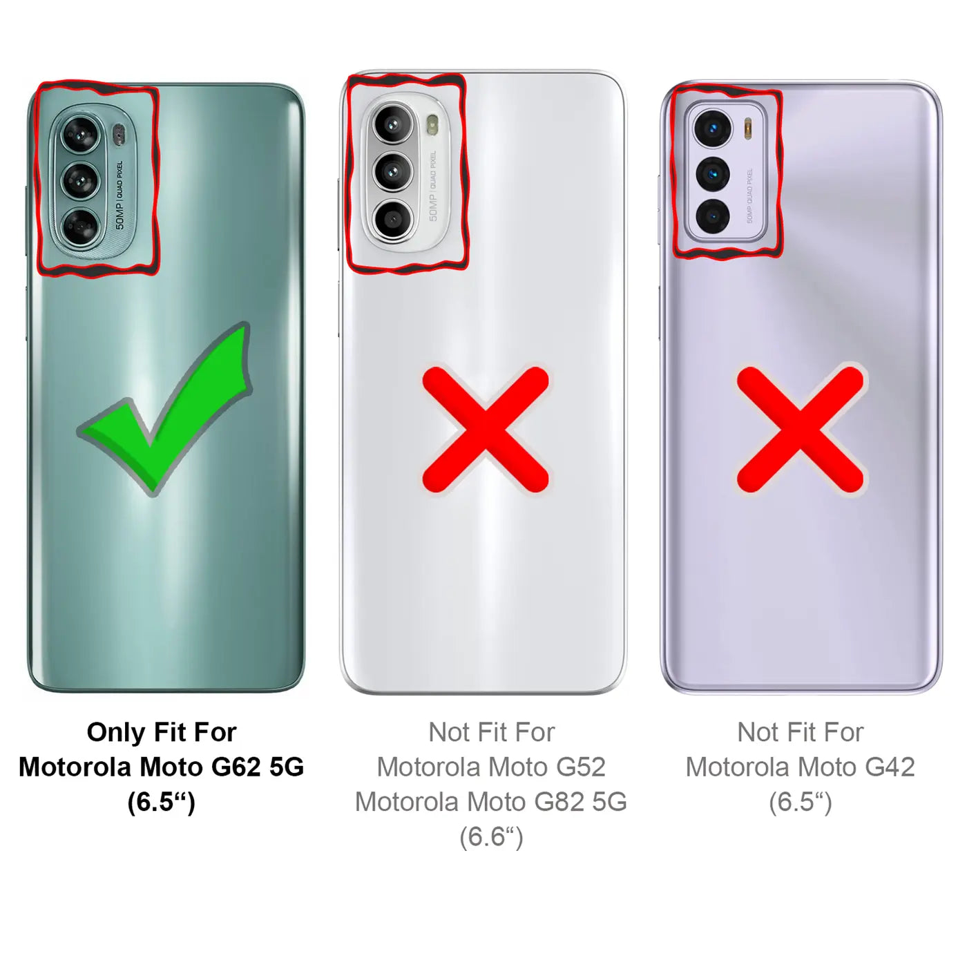 Rückseite von 3 Motorola Smartphones (G62 5G, G52, G42) von oben, Kameraausschnitte rot umrandet, Haken/X-Symbole.