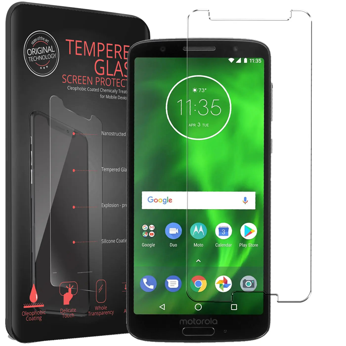 Schwarzes Motorola Moto G6 mit grünem Display, daneben schwarze Verpackung und zwei transparente Panzerglas-Folien.