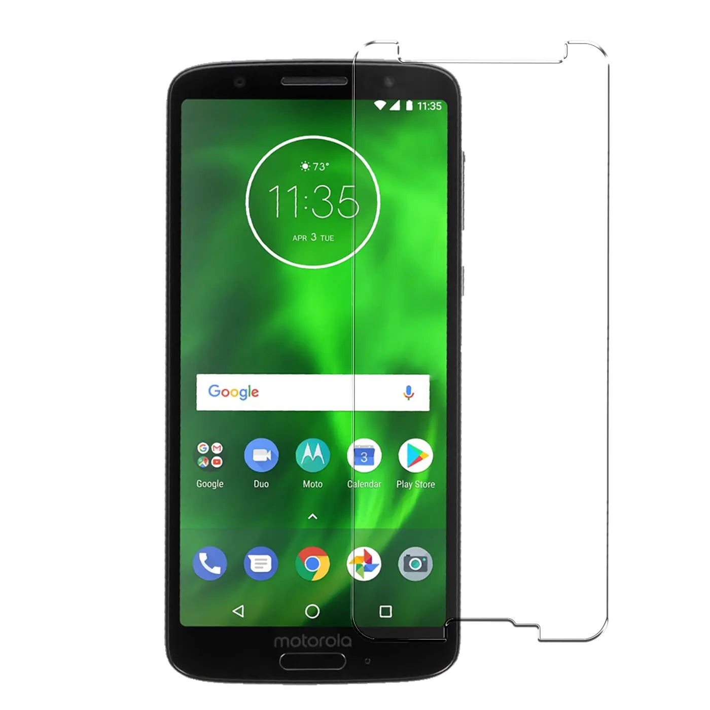 Motorola Moto G6 in Schwarz, frontal, mit transparentem Panzerglas-Displayschutz daneben, der die Form des Bildschirms zeigt.