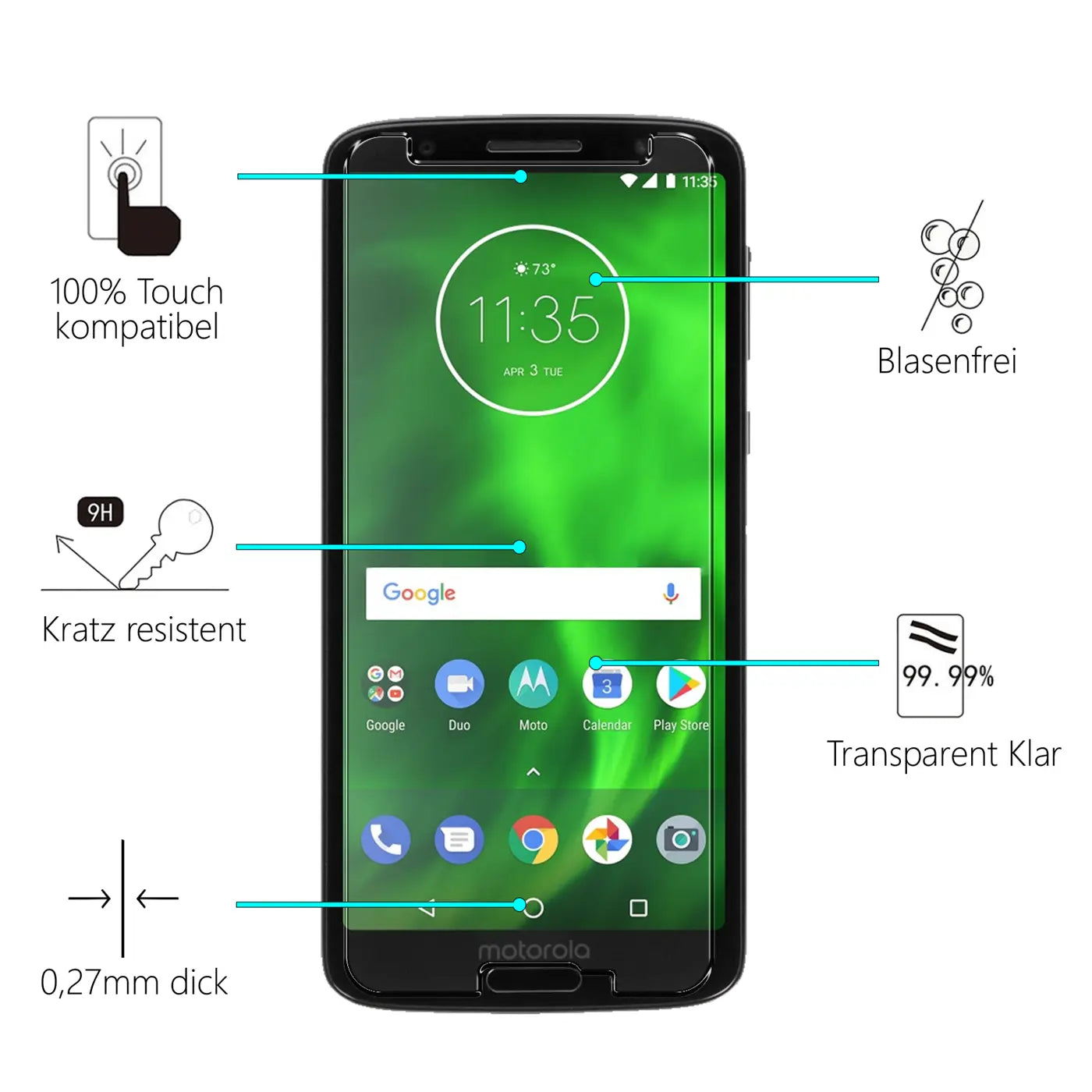 Schwarzes Motorola Moto G6 Smartphone mit transparentem Panzerglas-Displayschutz, frontal auf weißem Hintergrund.