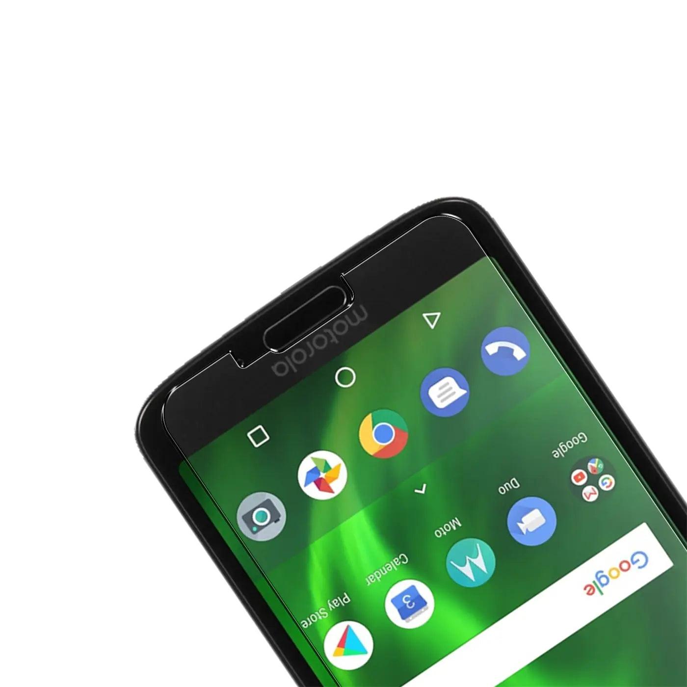 Schwarzes Motorola Moto G6 mit transparentem Panzerglas-Displayschutz, schräg von oben.