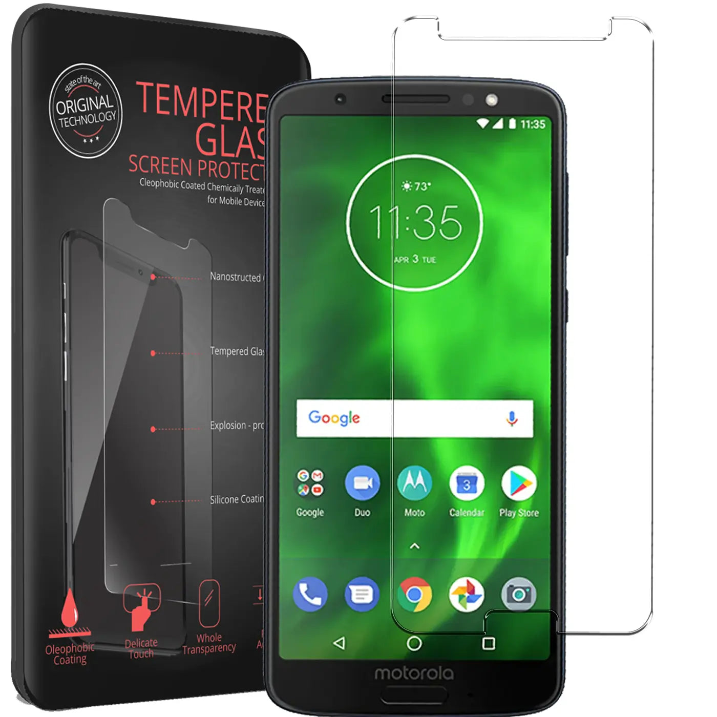 Schwarzes Motorola Moto G6 Plus mit grünem Display, daneben schwarze Verpackung und ein transparentes Panzerglas.