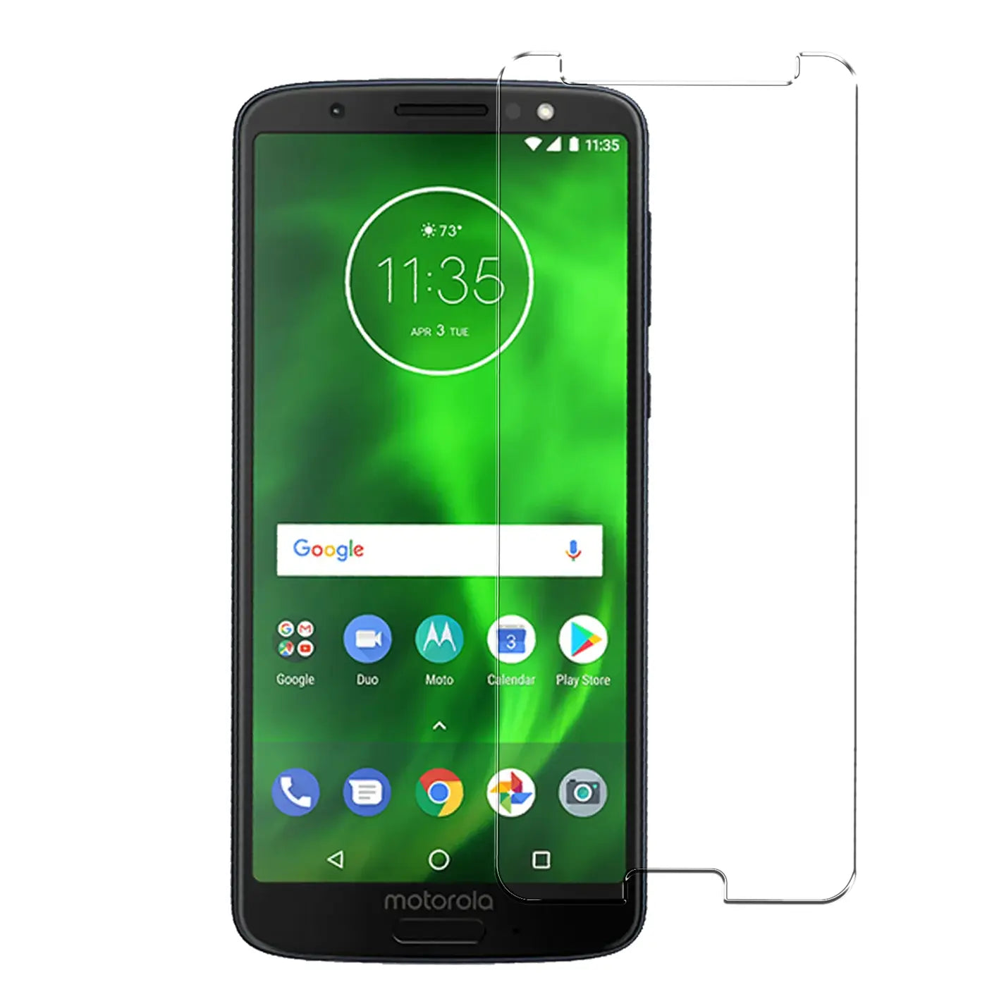 Motorola Moto G6 Plus, schwarz, frontal mit grünem Display und transparentem Panzerglas-Displayschutz daneben.