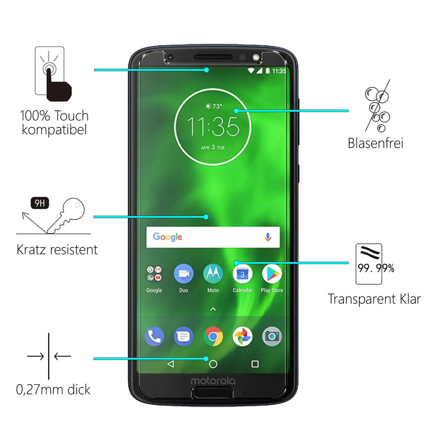 Schwarzes Motorola Moto G6 Plus mit Panzerglas-Displayschutz, frontal, umgeben von Icons für Produkteigenschaften.