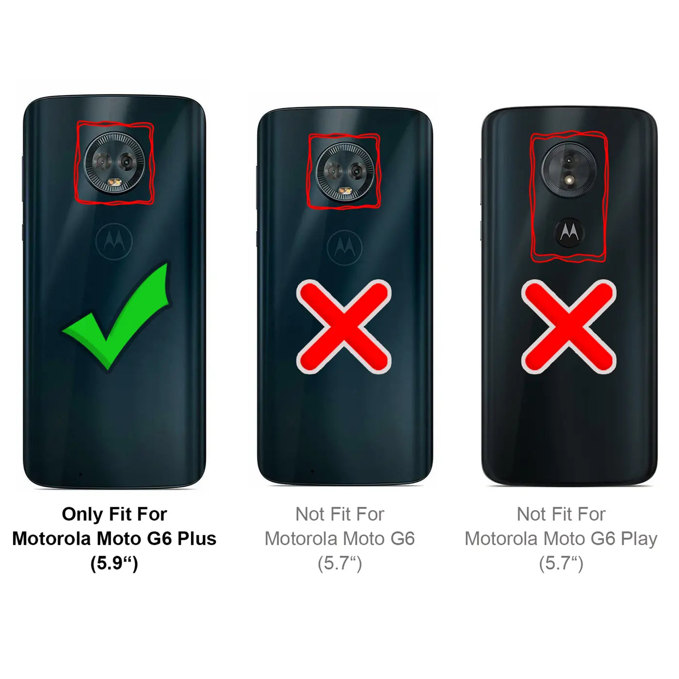 Drei schwarze Motorola-Handys (Rückseite) von oben: Moto G6 Plus (Haken), Moto G6 (rotes X), Moto G6 Play (rotes X).