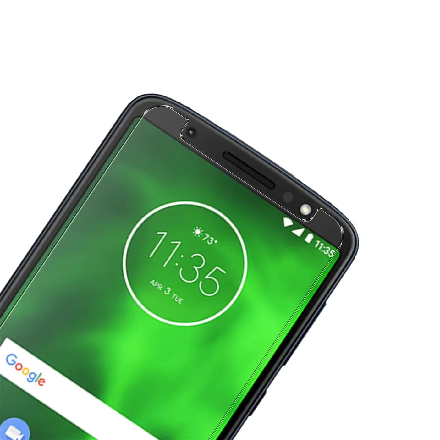Schwarzes Motorola Moto G6 Plus mit Panzerglas-Displayschutz, von oben links schräg nach unten rechts.