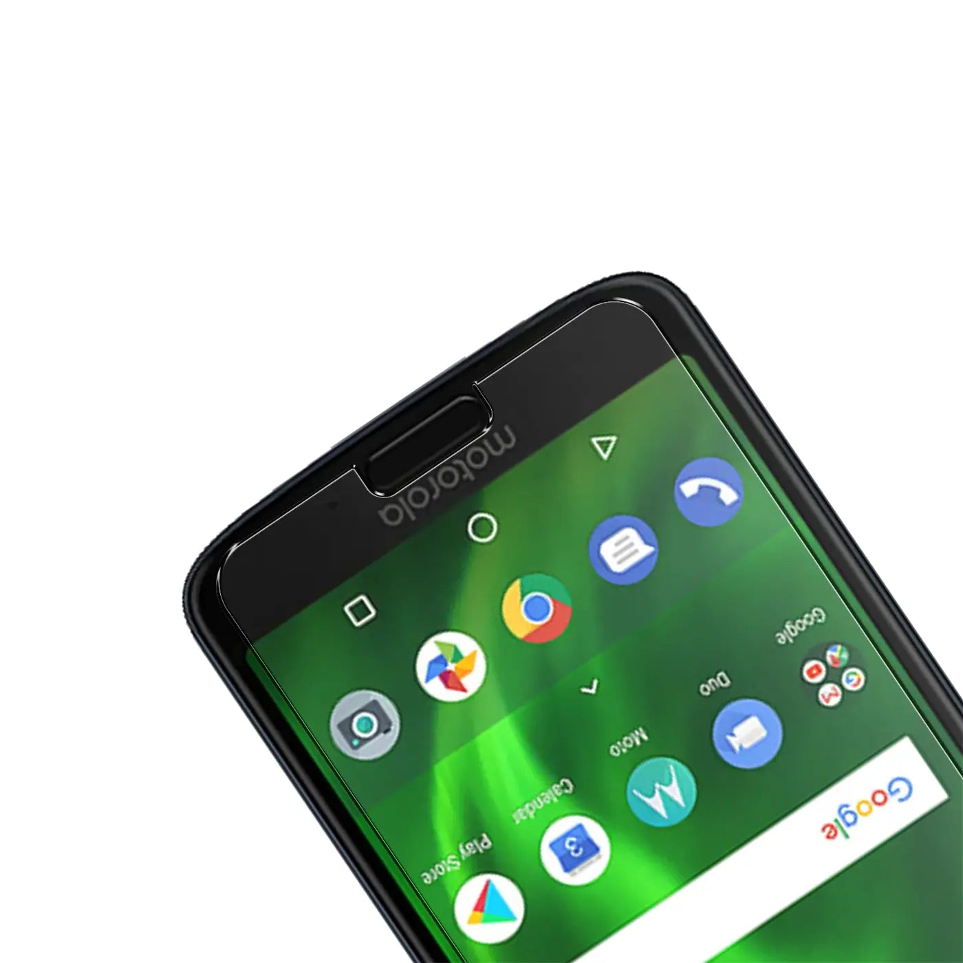 Schwarzes Motorola Moto G6 Plus Smartphone, Display mit grüner Oberfläche und App-Icons, schräg von oben.