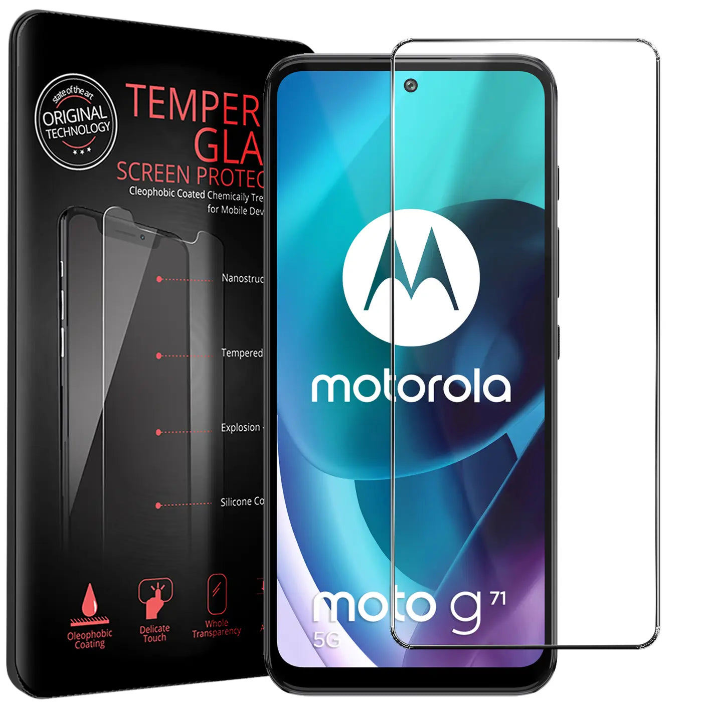 Zwei transparente Panzerglas-Displayschutzfolien für Motorola Moto G71 5G, eine auf dem Handy, eine daneben.