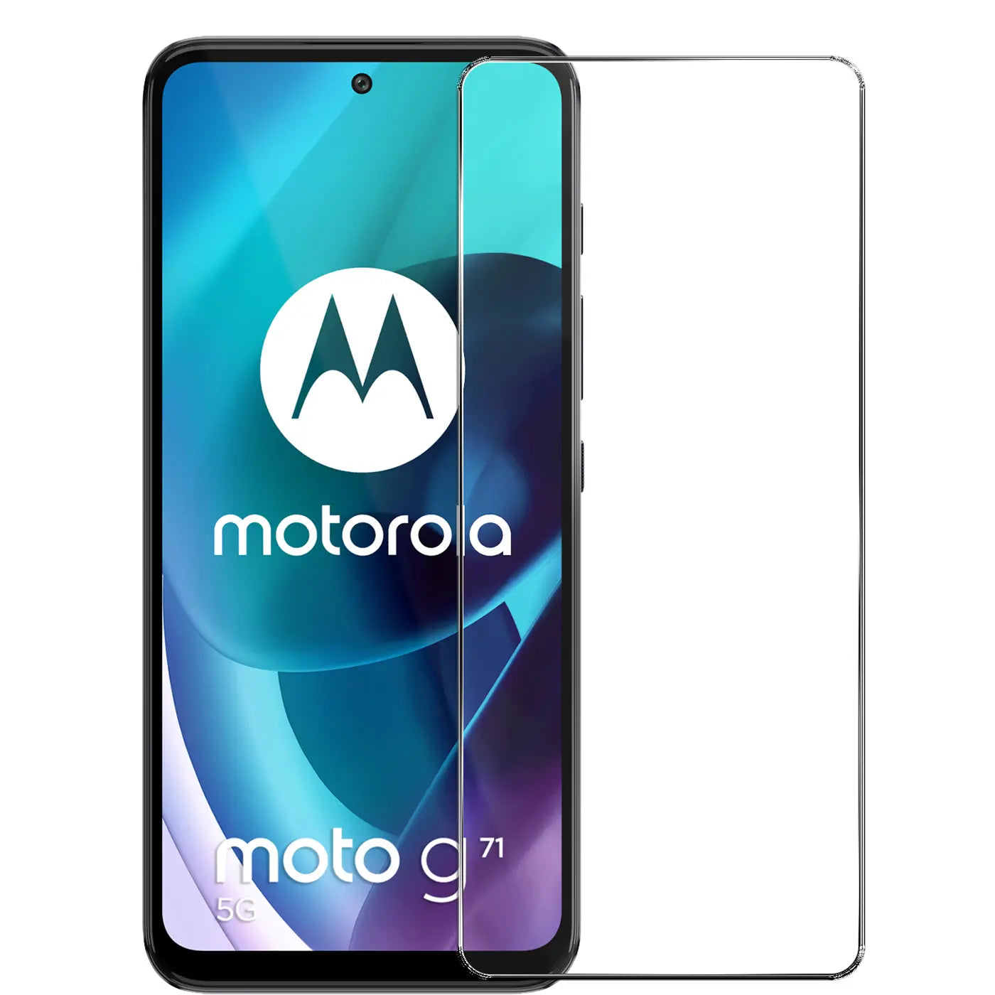 Motorola Moto G71 5G Handy mit transparentem Panzerglas-Displayschutz von vorne, leicht schräg von links oben.