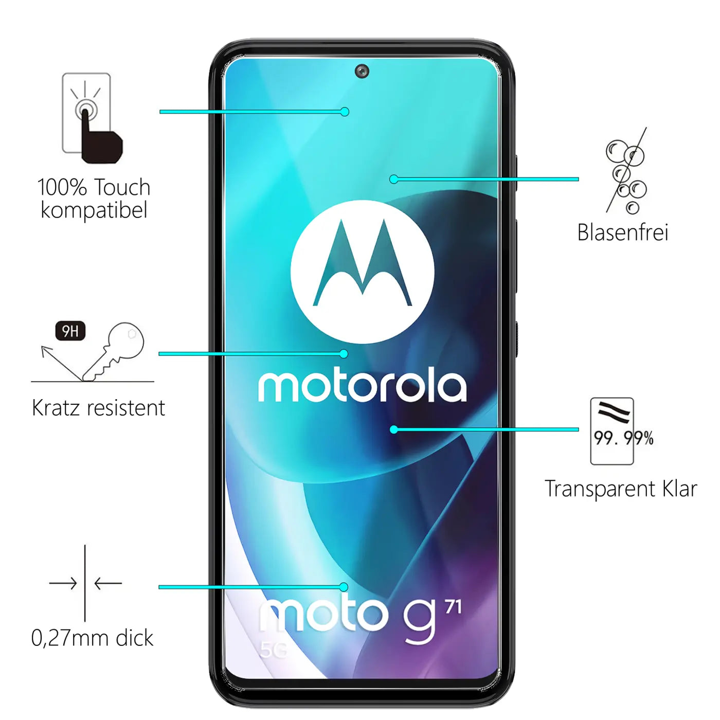 Schwarzes Motorola Moto G71 5G Smartphone frontal mit blauem Display und Produktmerkmalen für Panzerglas.