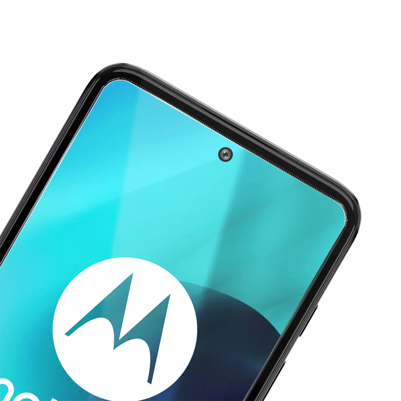 Nahaufnahme eines schwarzen Motorola Moto G71 5G von oben rechts, mit blauem Display und Motorola-Logo.